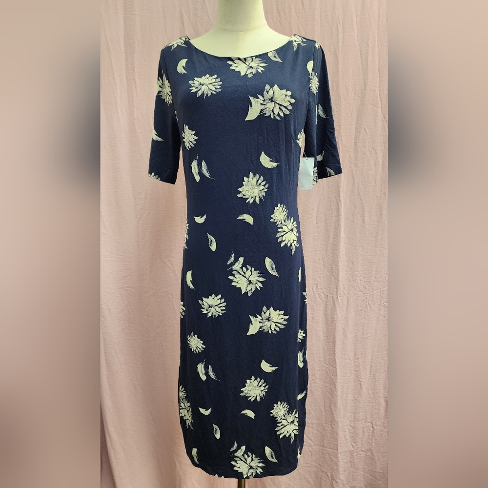 SIMPLY STYLED Women's 3/4 Sleeve Vintage Navy Floral Jersey Knit Dress-(Medium)